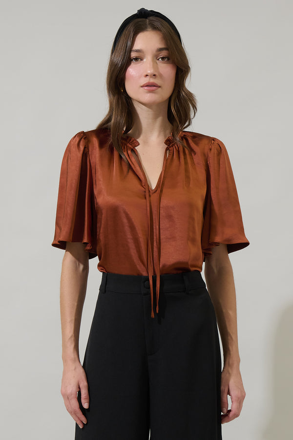 sugarlips Angela Satin Tie Neck Flutter Sleeve Blouse