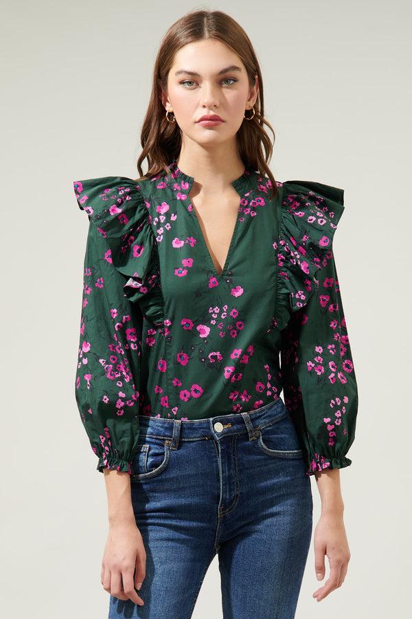 Sugarlips Anissa Floral Grayson Ruffle Split Neck Top