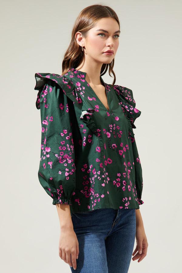 Sugarlips Anissa Floral Grayson Ruffle Split Neck Top