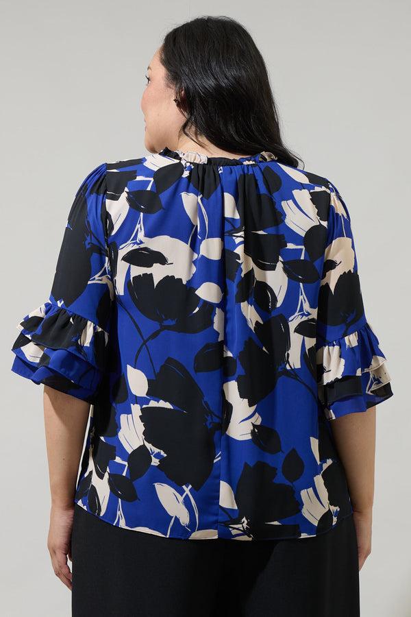 Sugarlips Anthem Floral Break Room Split Neck Ruffle Blouse Curve