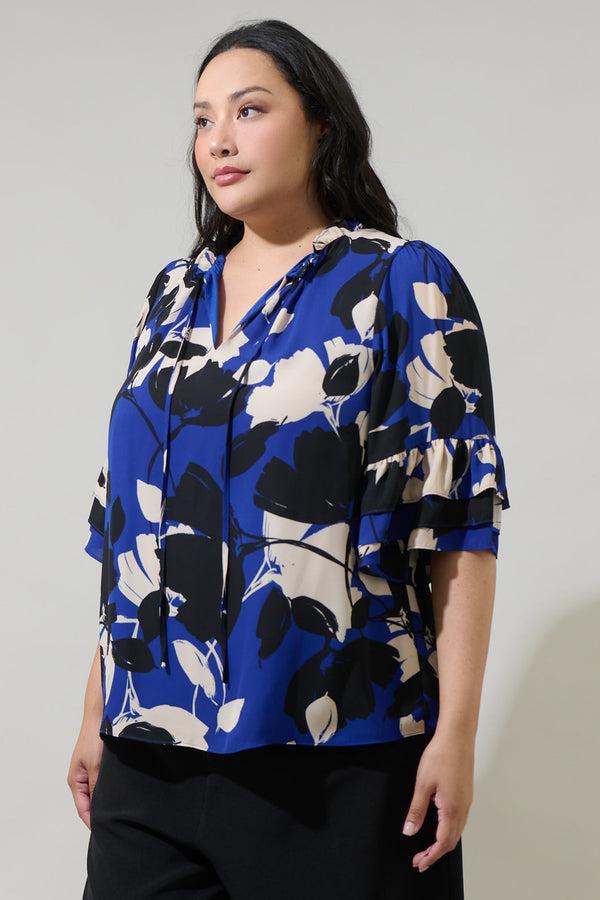 Sugarlips Anthem Floral Break Room Split Neck Ruffle Blouse Curve