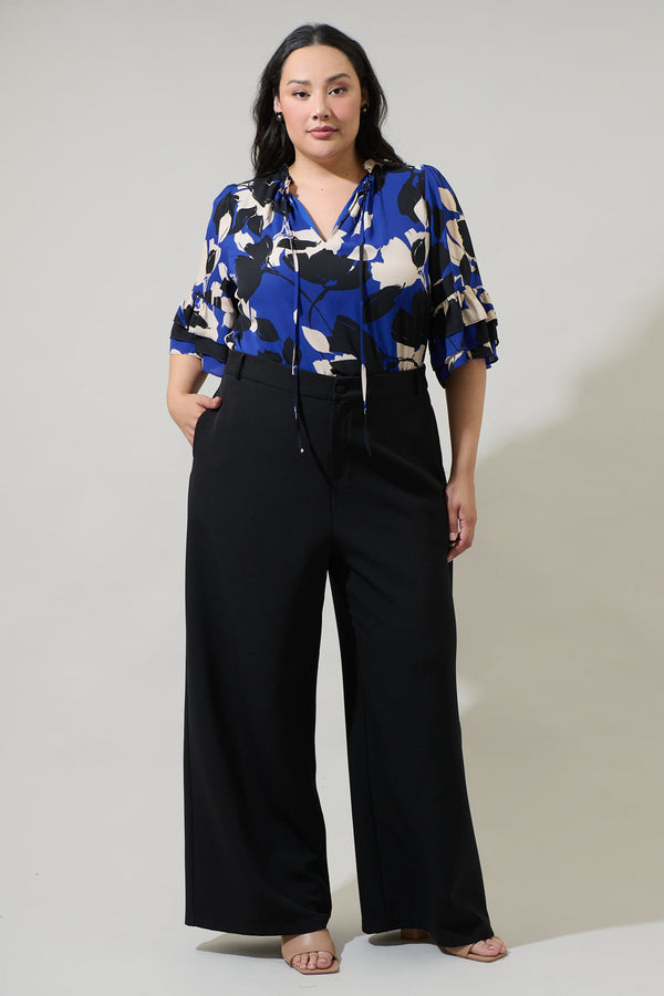 Sugarlips Anthem Floral Break Room Split Neck Ruffle Blouse Curve