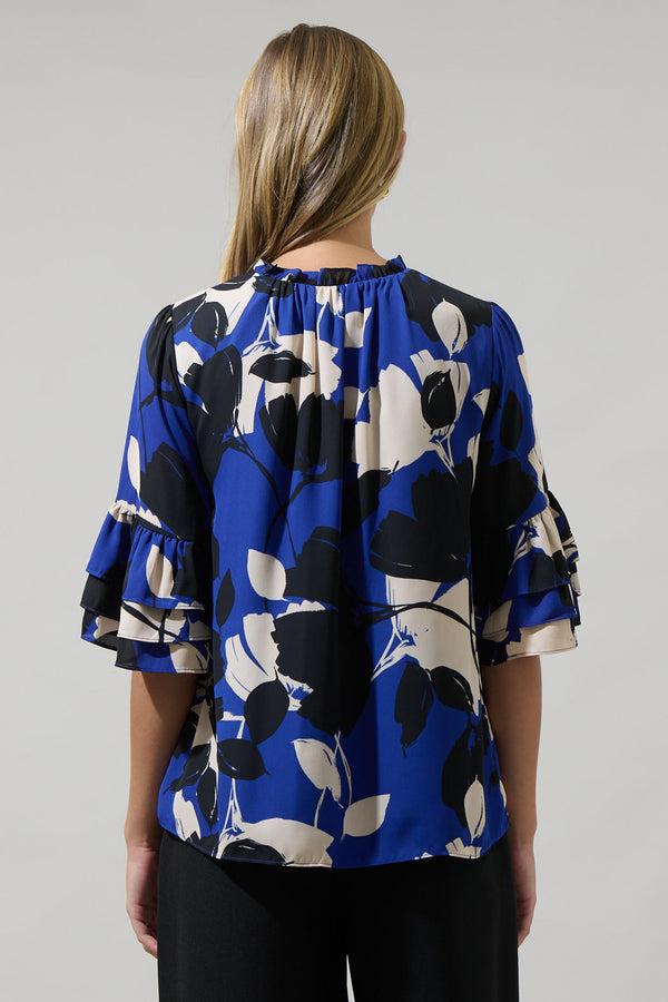 Sugarlips Anthem Floral Break Room Split Neck Ruffle Blouse