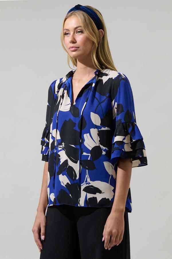 Sugarlips Anthem Floral Break Room Split Neck Ruffle Blouse