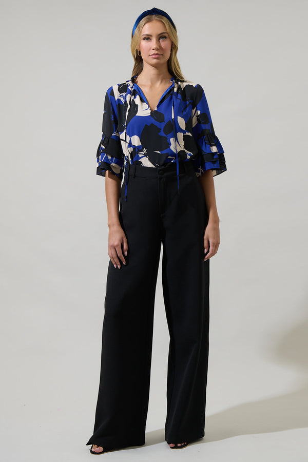 Sugarlips Anthem Floral Break Room Split Neck Ruffle Blouse