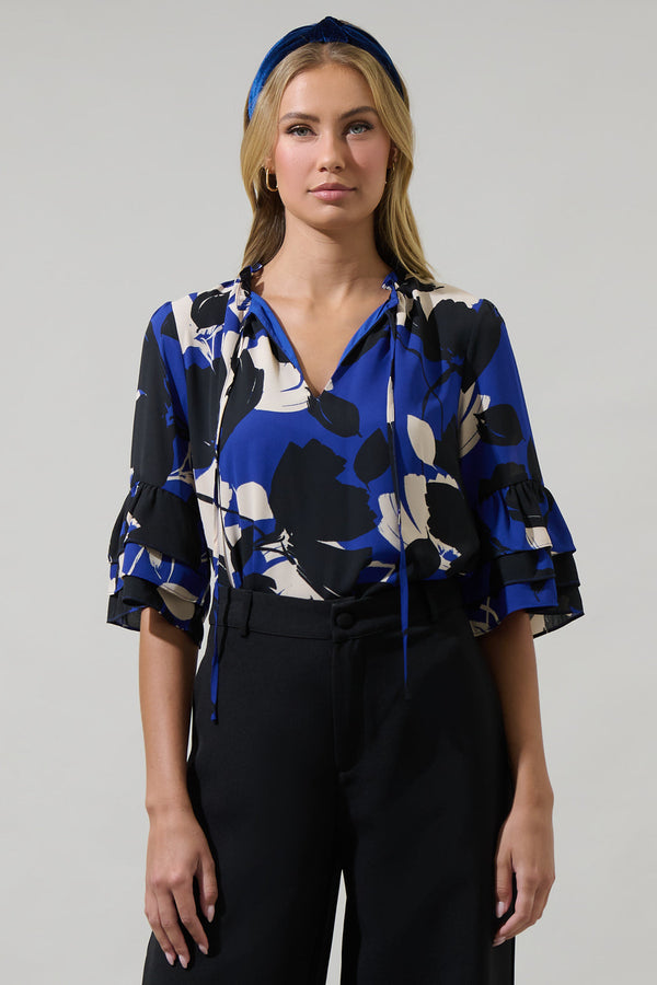 sugarlips Anthem Floral Break Room Split Neck Ruffle Blouse