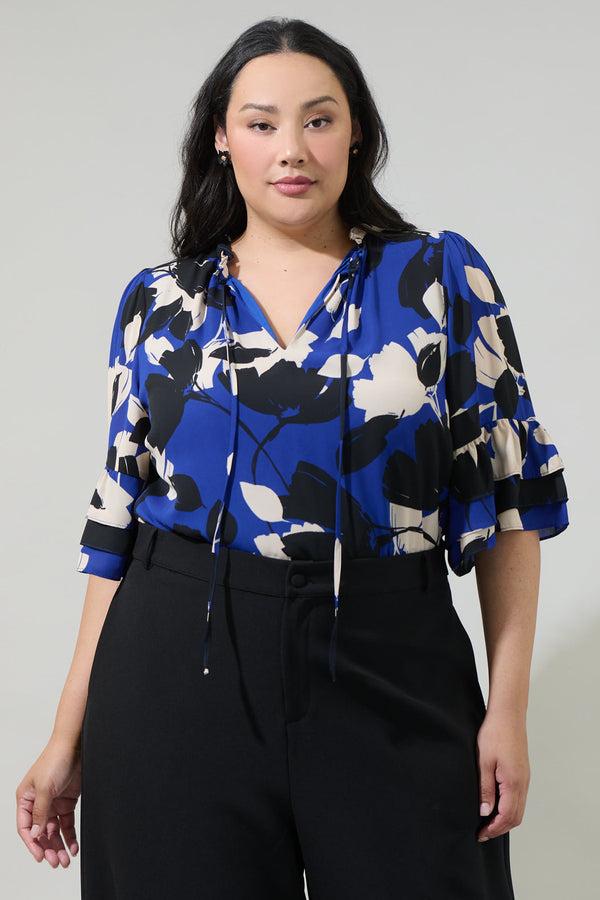 sugarlips Anthem Floral Break Room Split Neck Ruffle Blouse Curve