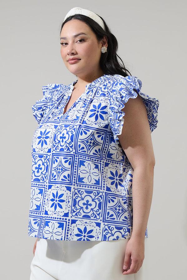 Sugarlips Arbor Tile Risette Ruffle Split Neck Top Curve