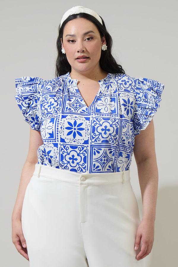 sugarlips Arbor Tile Risette Ruffle Split Neck Top Curve