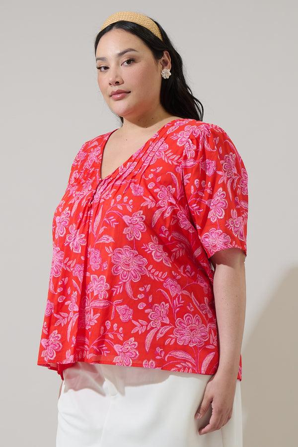 Sugarlips Aria Floral Jodie Pleated Puff Sleeve Top Curve