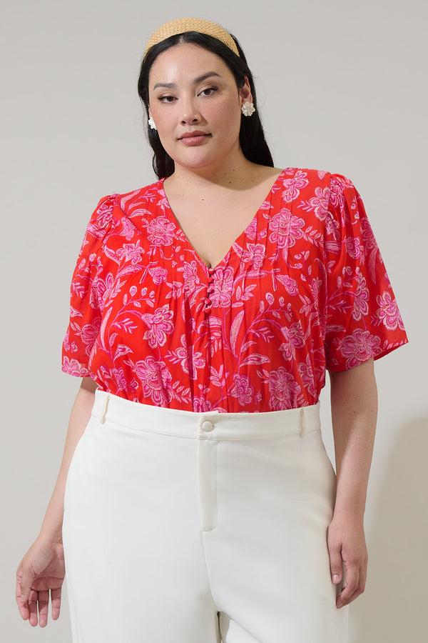 sugarlips Aria Floral Jodie Pleated Puff Sleeve Top Curve