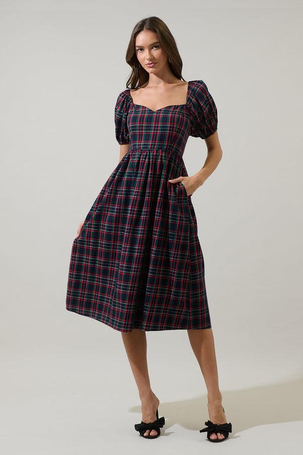 Sugarlips Arvada Plaid Alessi Puff Sleeve Midi Dress