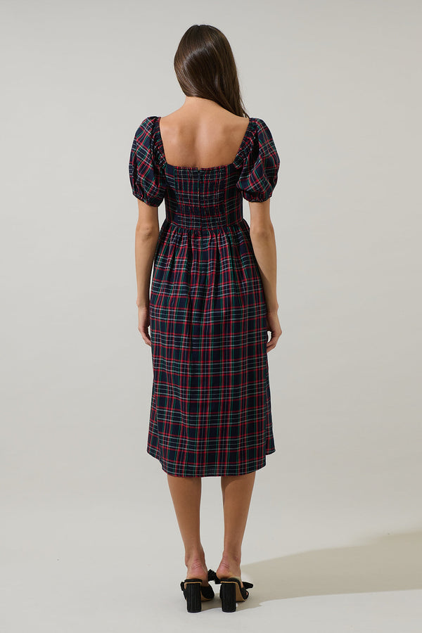Sugarlips Arvada Plaid Alessi Puff Sleeve Midi Dress