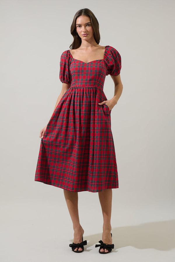 Sugarlips Arvada Plaid Alessi Puff Sleeve Midi Dress