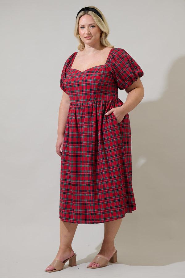 Sugarlips Arvada Plaid Alessi Puff Sleeve Midi Dress Curve