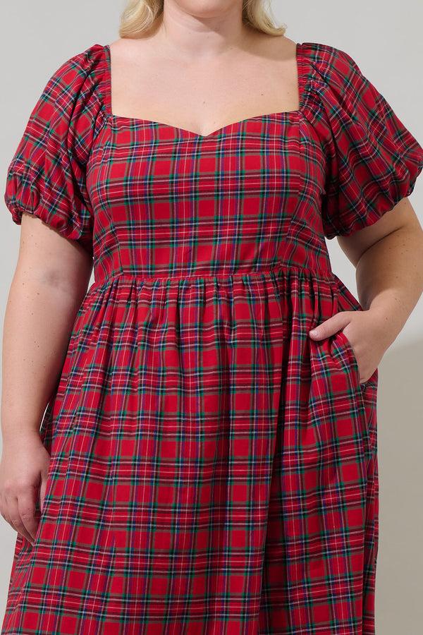 Sugarlips Arvada Plaid Alessi Puff Sleeve Midi Dress Curve