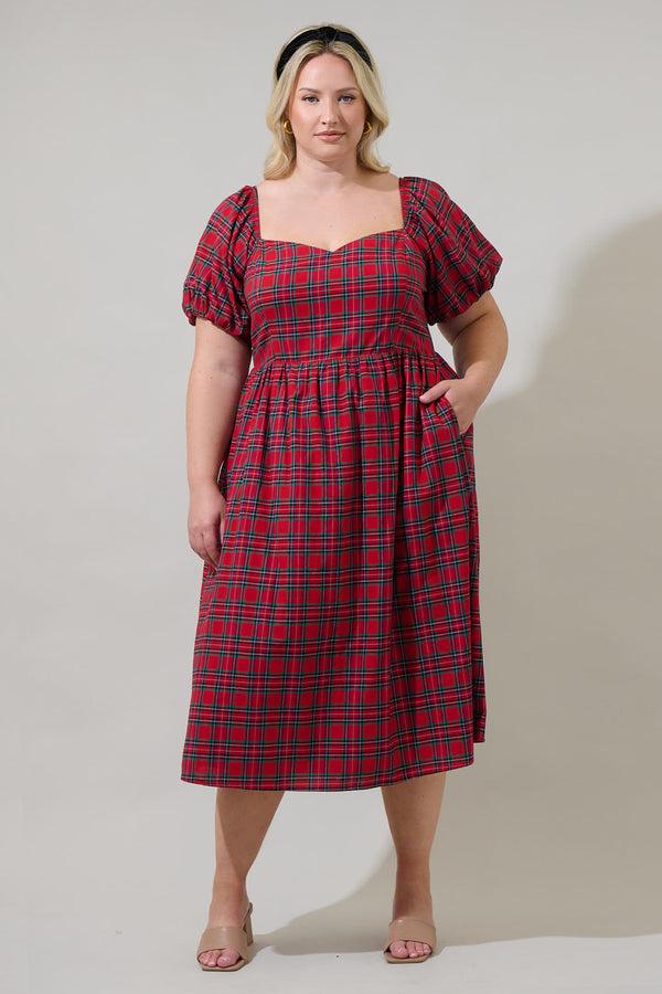 sugarlips Arvada Plaid Alessi Puff Sleeve Midi Dress Curve