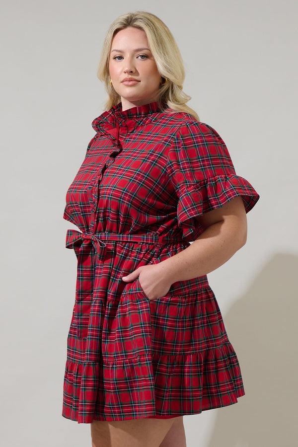 Sugarlips Arvada Plaid Cottonwood Ruffle Button Down Mini Dress Curve