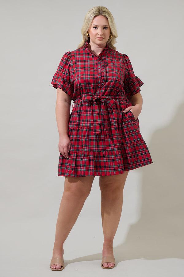 Sugarlips Arvada Plaid Cottonwood Ruffle Button Down Mini Dress Curve