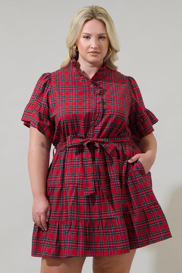 sugarlips Arvada Plaid Cottonwood Ruffle Button Down Mini Dress Curve