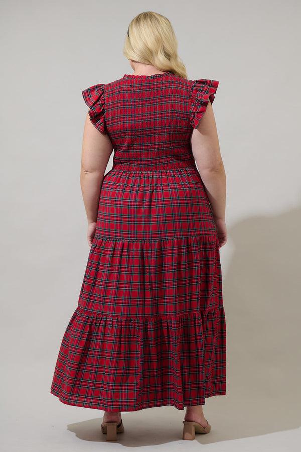 Sugarlips Arvada Plaid Sunfire Smocked Bodice Tiered Midi Dress Curve