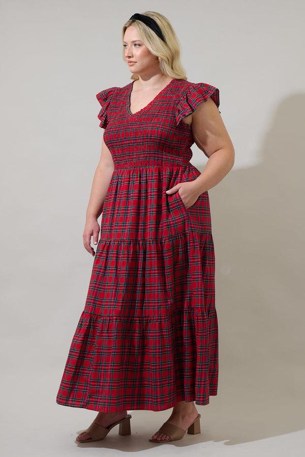Sugarlips Arvada Plaid Sunfire Smocked Bodice Tiered Midi Dress Curve