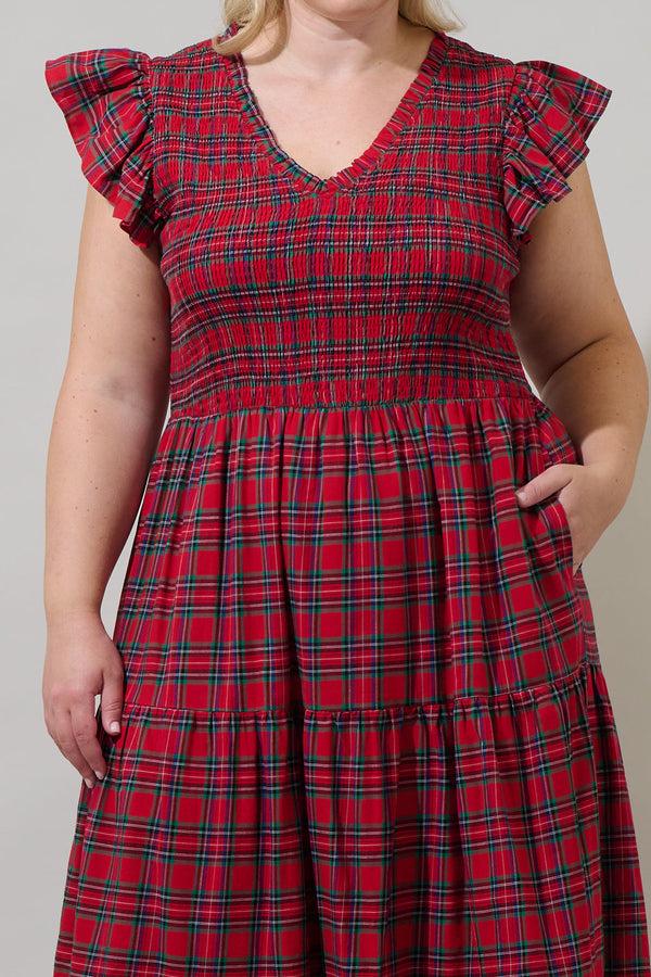 Sugarlips Arvada Plaid Sunfire Smocked Bodice Tiered Midi Dress Curve