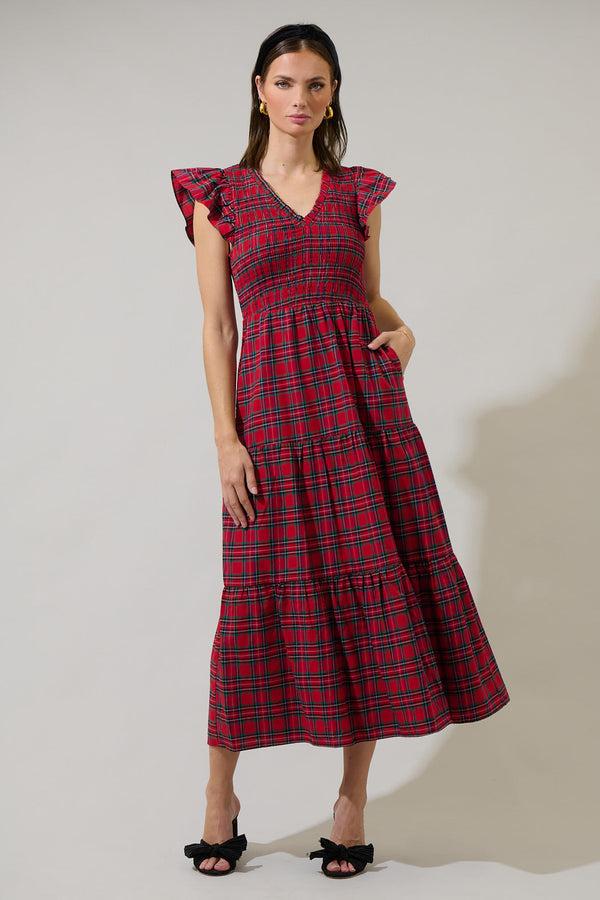 Sugarlips Arvada Plaid Sunfire Smocked Bodice Tiered Midi Dress