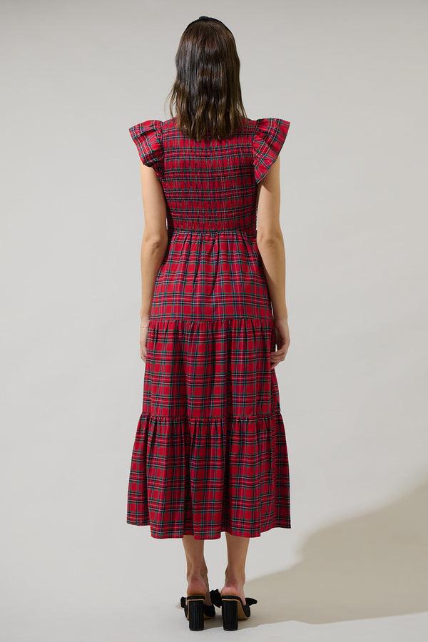 Sugarlips Arvada Plaid Sunfire Smocked Bodice Tiered Midi Dress