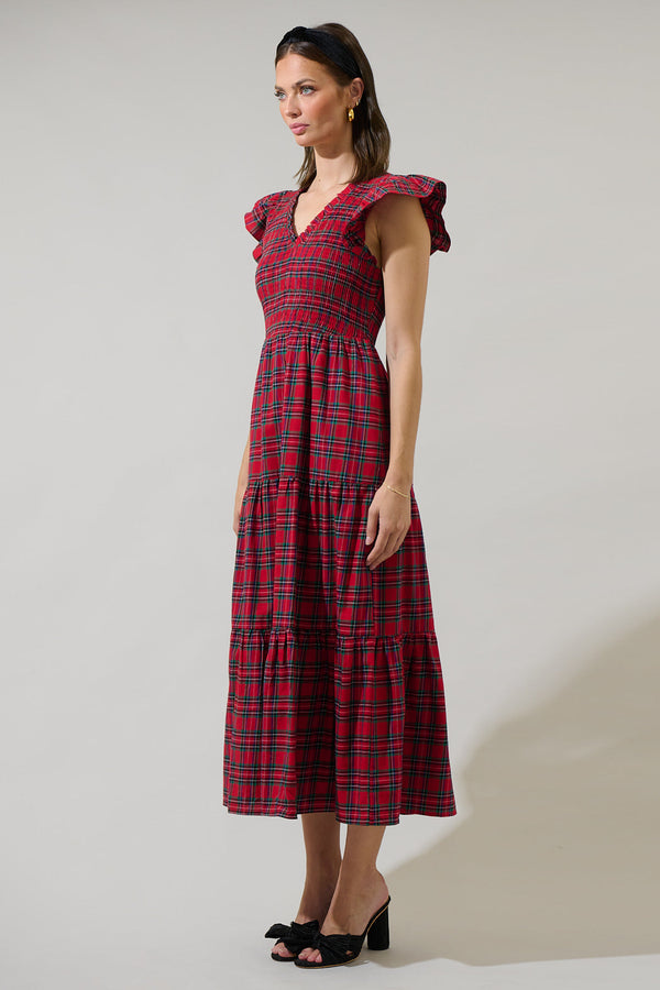 Sugarlips Arvada Plaid Sunfire Smocked Bodice Tiered Midi Dress
