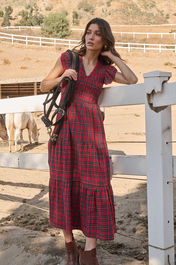 sugarlips Arvada Plaid Sunfire Smocked Bodice Tiered Midi Dress