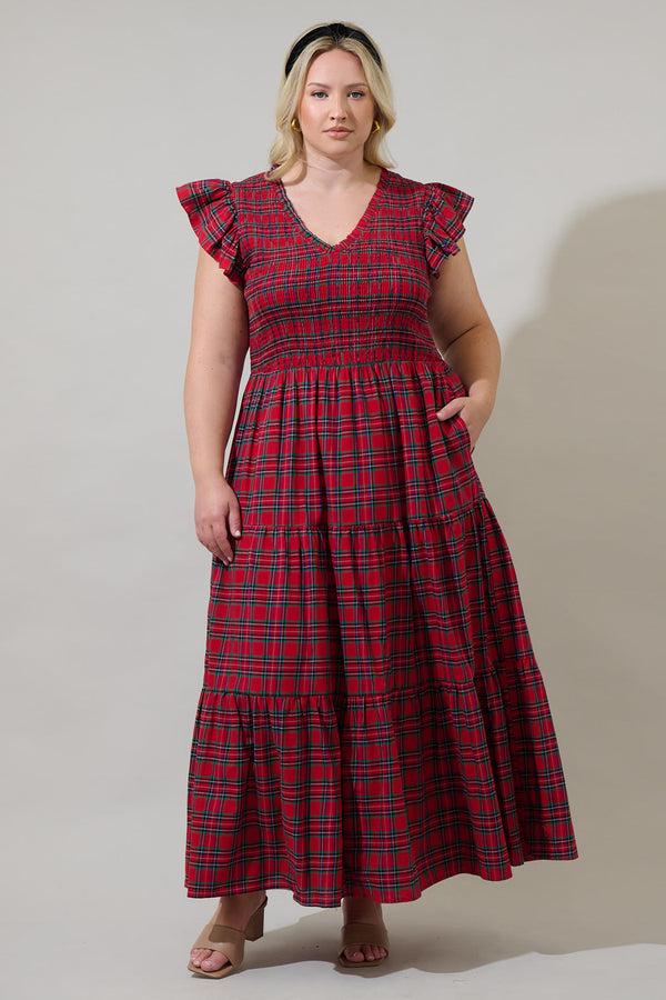 sugarlips Arvada Plaid Sunfire Smocked Bodice Tiered Midi Dress Curve