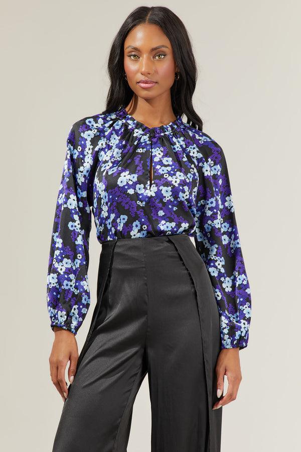 Sugarlips Aster Bloom Jovie Split Neck Satin Raglan Blouse