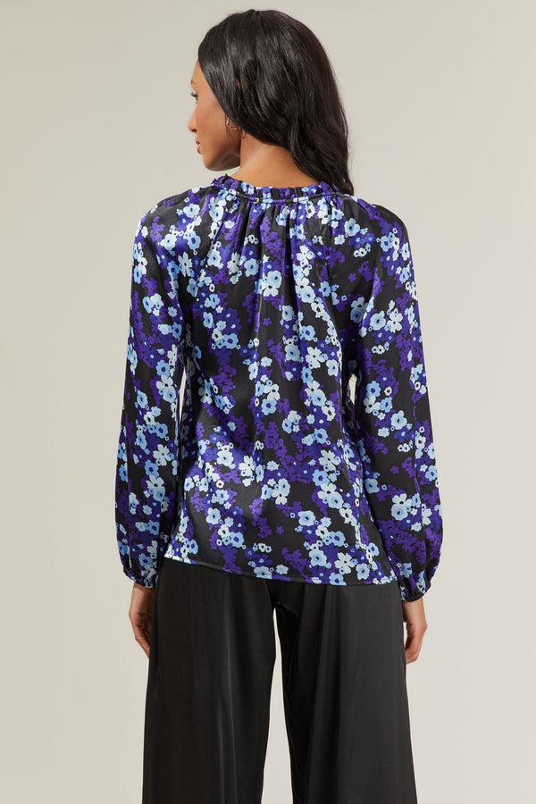 Sugarlips Aster Bloom Jovie Split Neck Satin Raglan Blouse