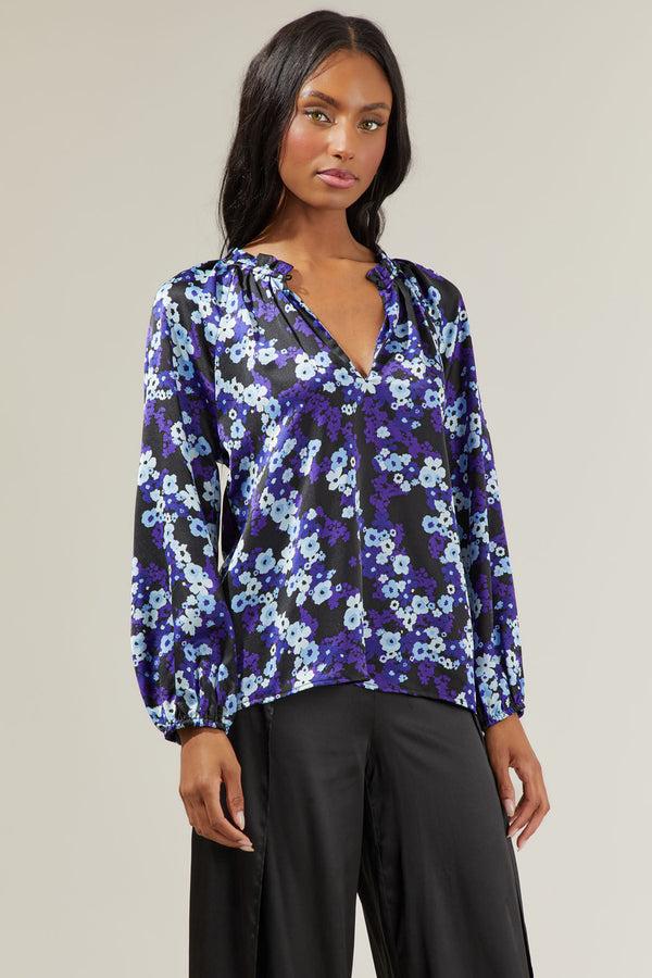 Sugarlips Aster Bloom Jovie Split Neck Satin Raglan Blouse