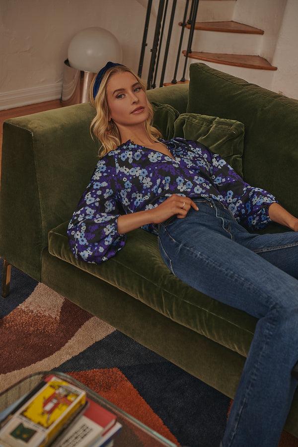 sugarlips Aster Bloom Jovie Split Neck Satin Raglan Blouse
