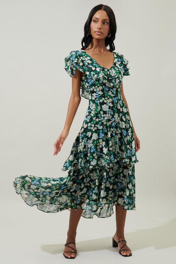 sugarlips Aulani Floral Ruffle Tiered Sinclair Midi Dress