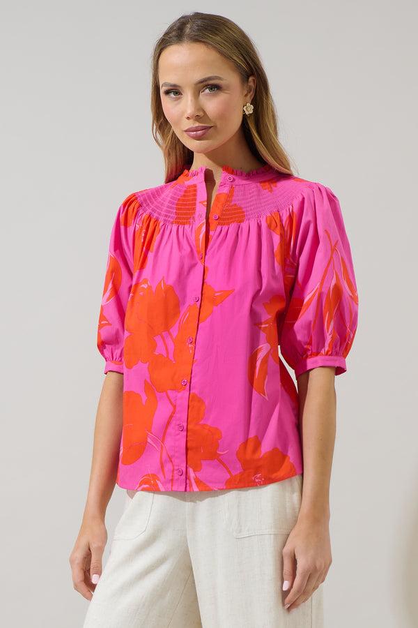 Sugarlips Aurea Floral Blossom Smocked Mock Neck Top