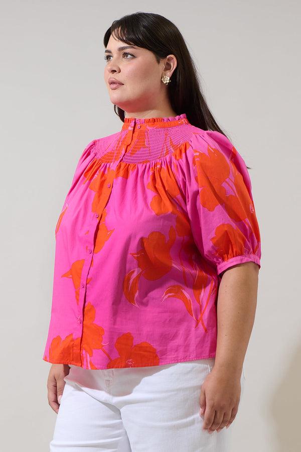 Sugarlips Aurea Floral Blossom Smocked Mock Neck Top Curve