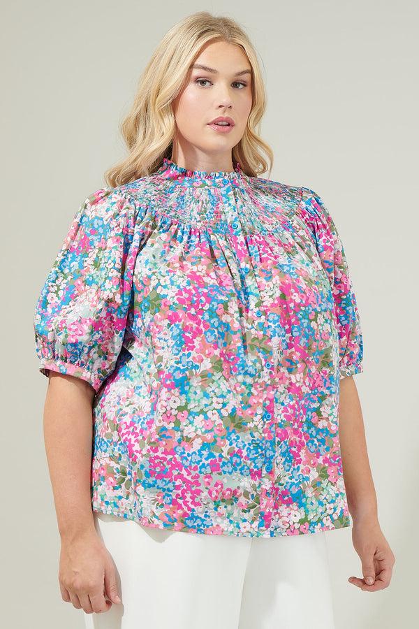 Sugarlips Avery Blossom Smocked Mock Neck Top Curve
