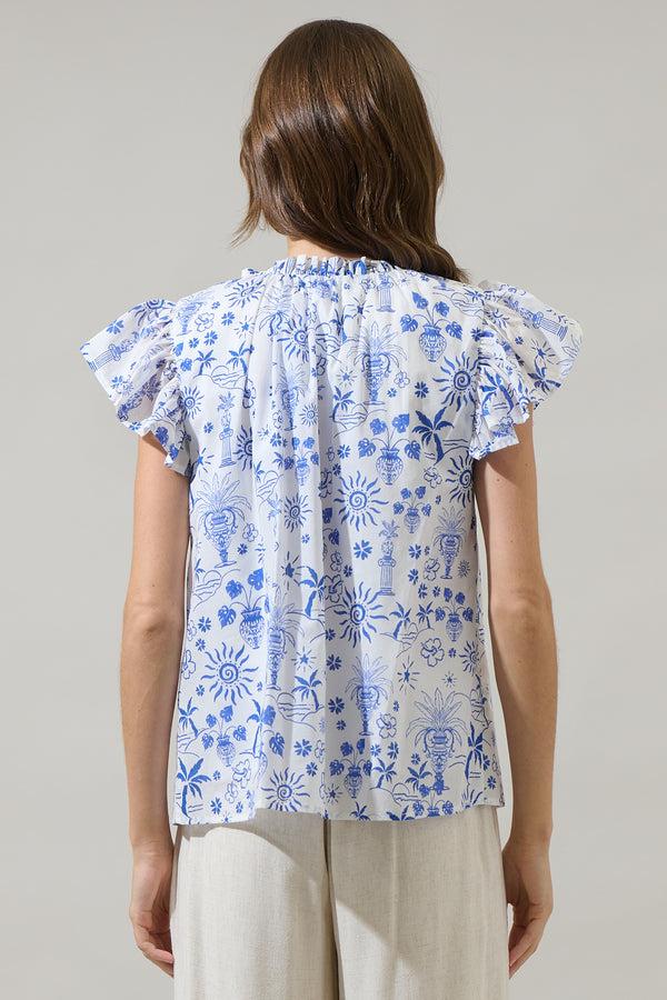 Sugarlips Azul Tropics Deniza Split Neck Ruffle Top