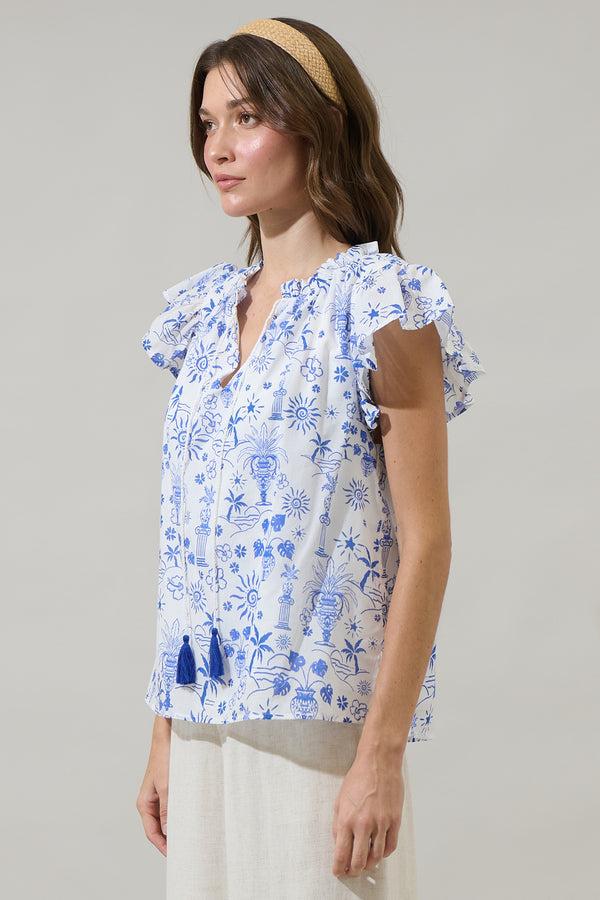 Sugarlips Azul Tropics Deniza Split Neck Ruffle Top