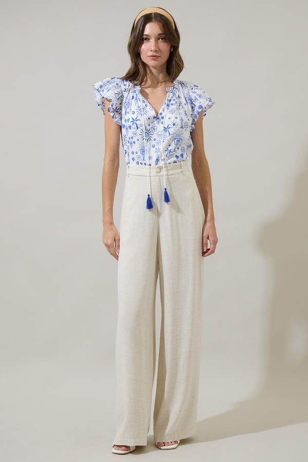 Sugarlips Azul Tropics Deniza Split Neck Ruffle Top