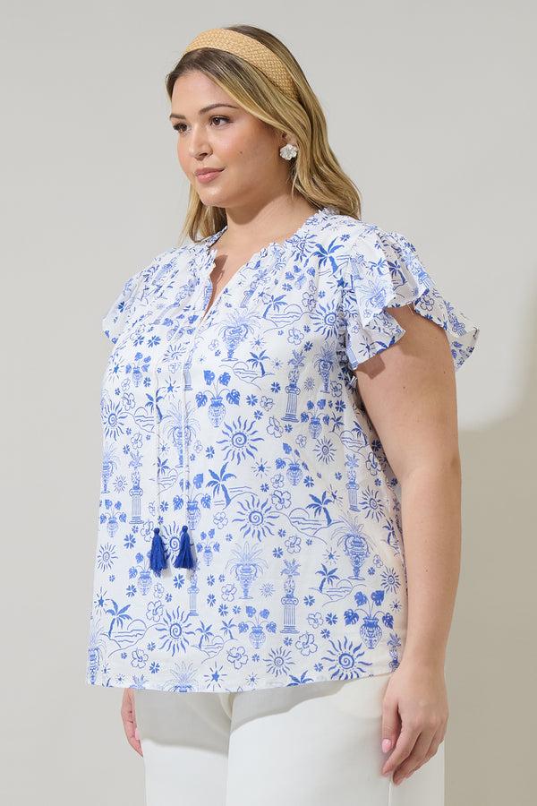 Sugarlips Azul Tropics Deniza Split Neck Ruffle Top Curve