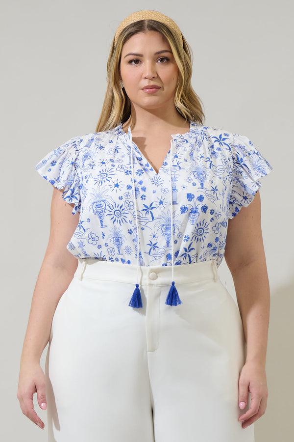 sugarlips Azul Tropics Deniza Split Neck Ruffle Top Curve