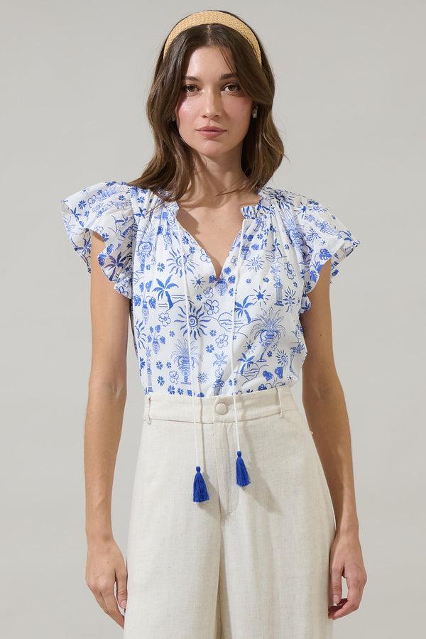 sugarlips Azul Tropics Deniza Split Neck Ruffle Top