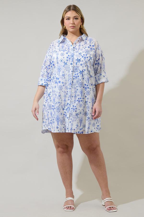 Sugarlips Azul Tropics Luba Oversized Shirt Mini Dress Curve