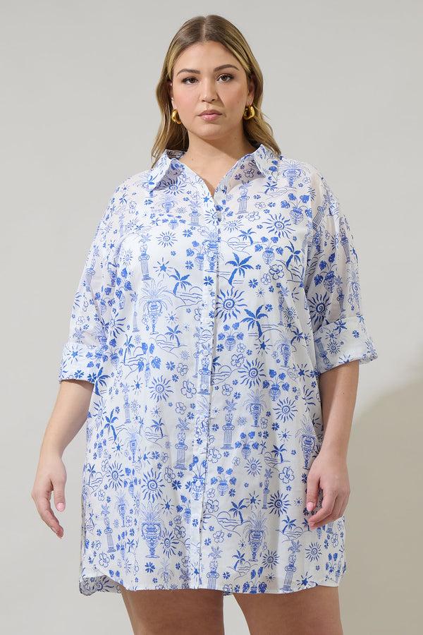 sugarlips Azul Tropics Luba Oversized Shirt Mini Dress Curve