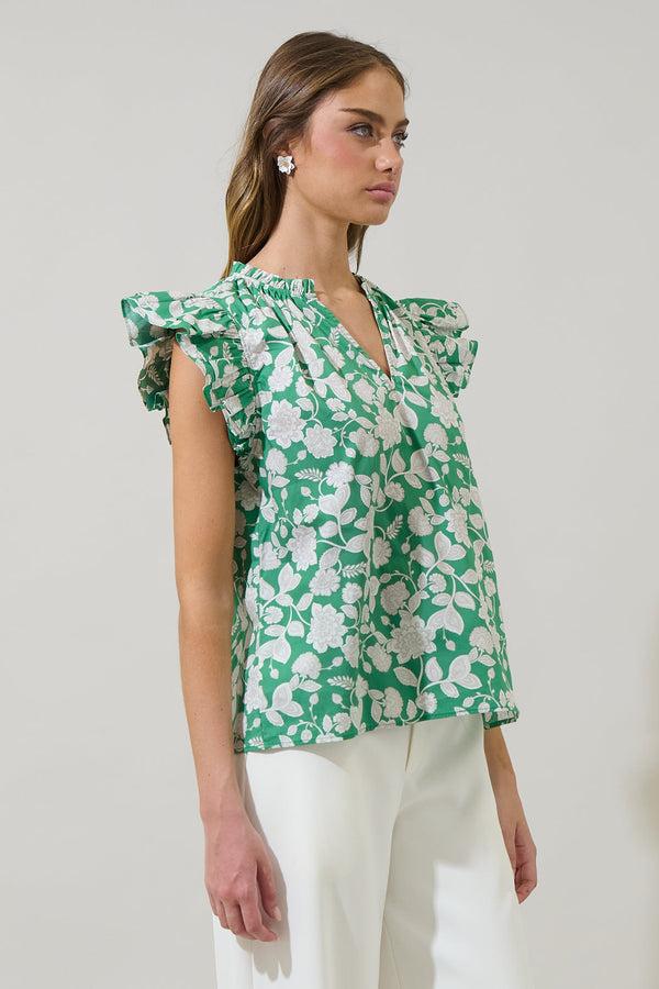 Sugarlips Baxley Floral Risette Ruffle Split Neck Top