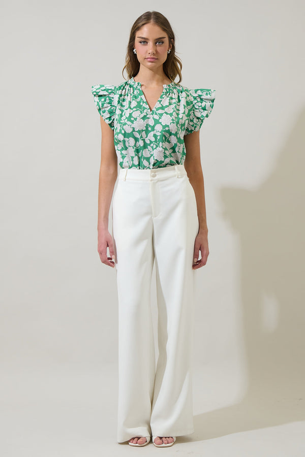 Sugarlips Baxley Floral Risette Ruffle Split Neck Top